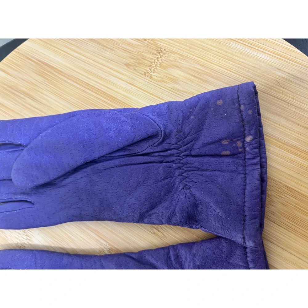 Fownes Gloves 6.5 Vintage Genuine Leather Purple Knit Lined Stitched Detail